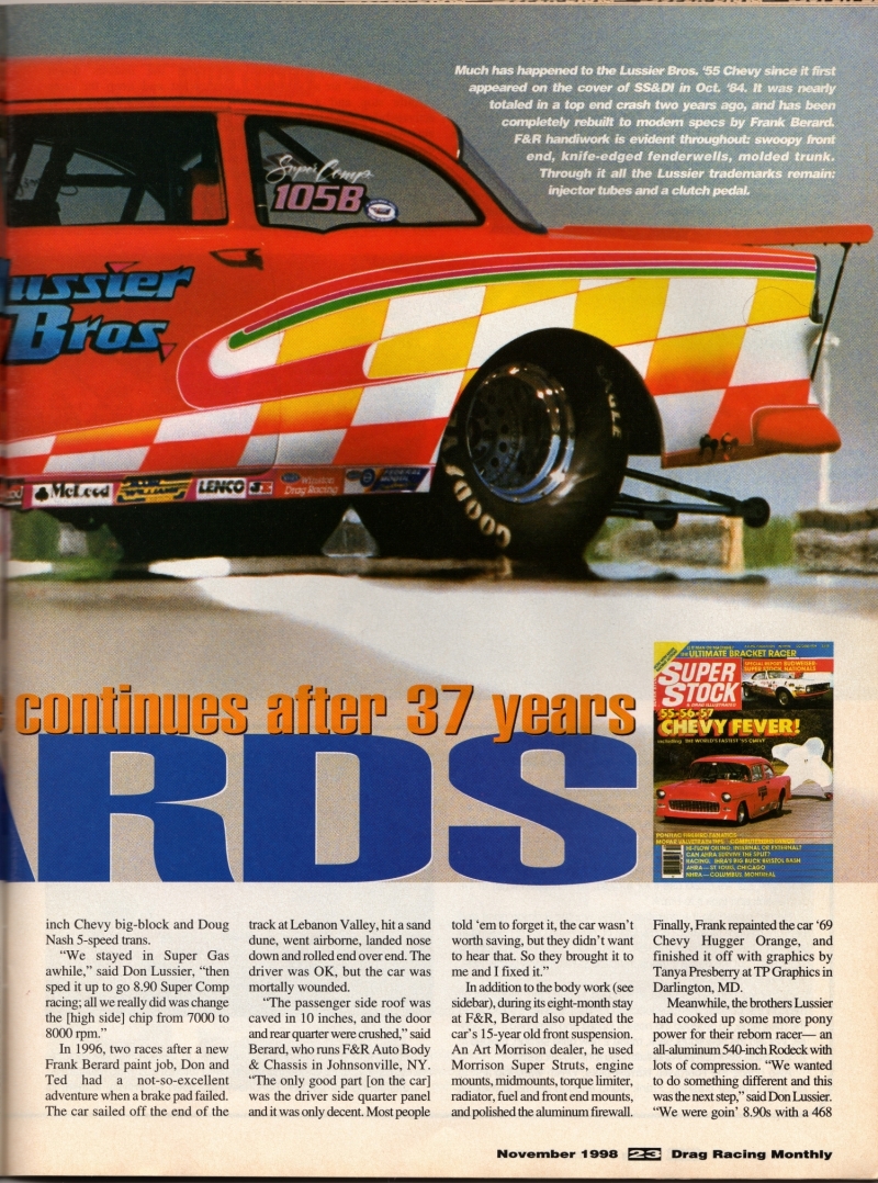 pics of Drag Racing Monthly Nov 1998 article on a car built by F&R