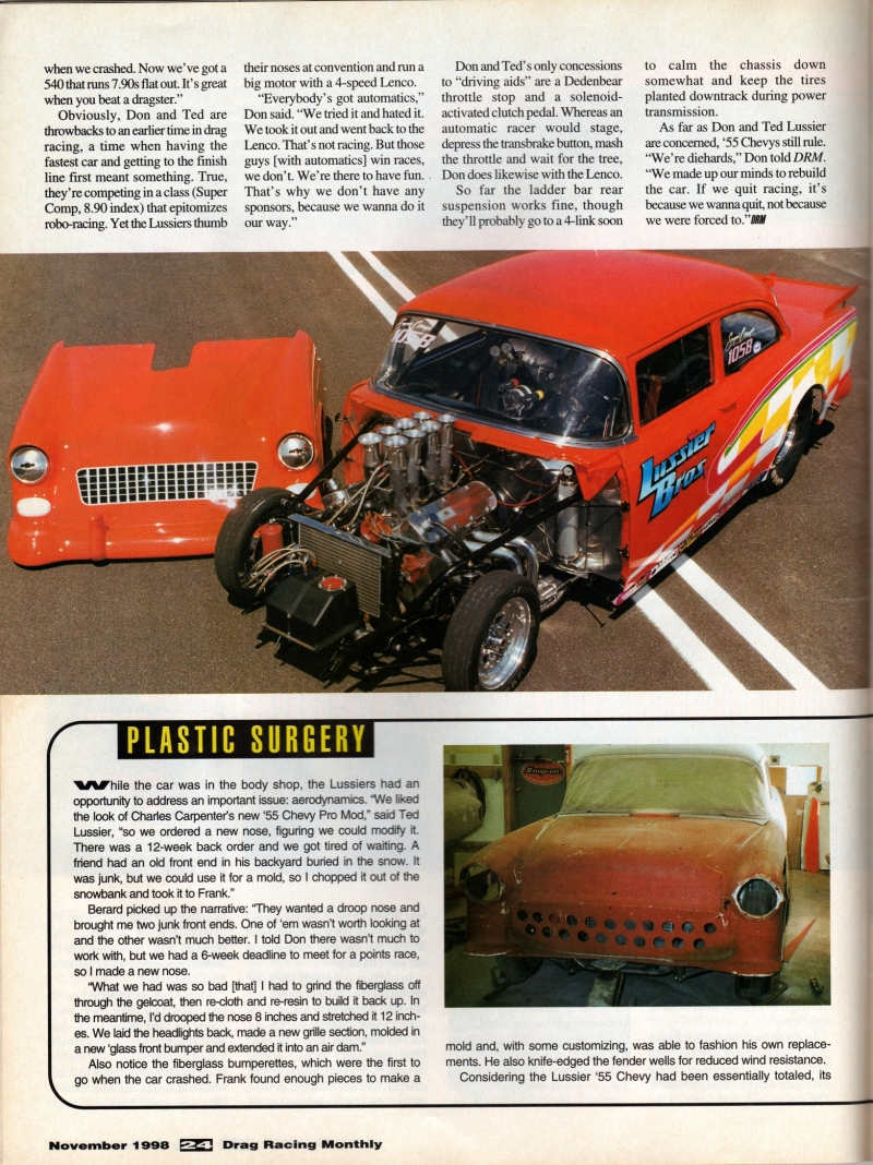 pics of Drag Racing Monthly Nov 1998 article on a car built by F&R