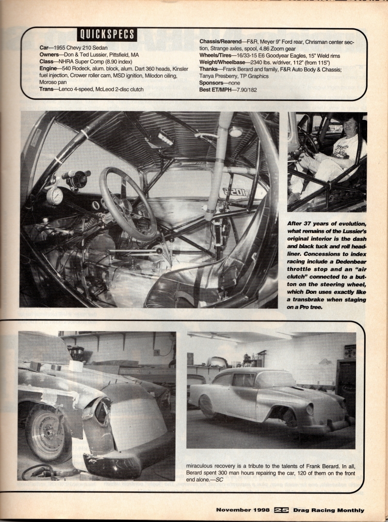 pics of Drag Racing Monthly Nov 1998 article on a car built by F&R